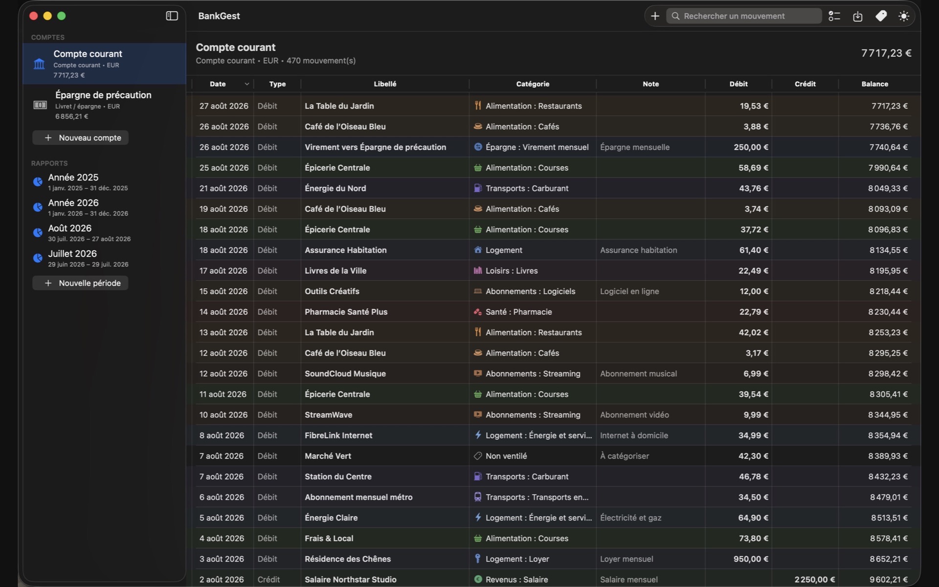 BankGest sur Mac, liste des opérations